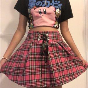 pink plaid mall goth skirt with lace up in front